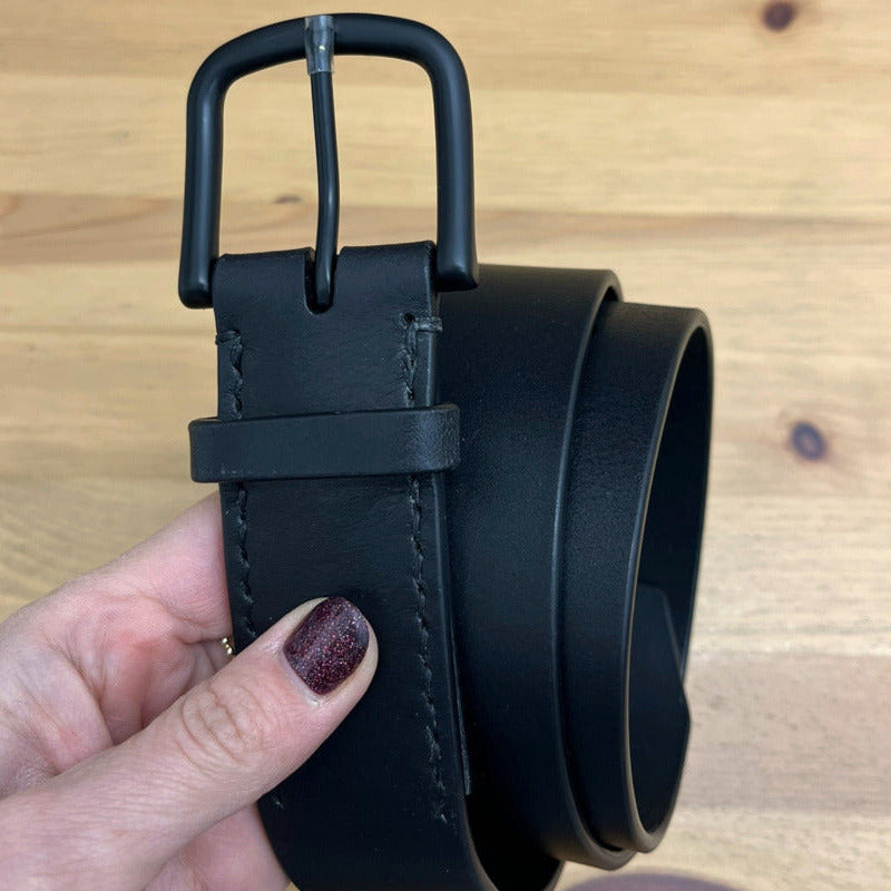 38mm Black Leather Belt with Matte Black Brass Buckle