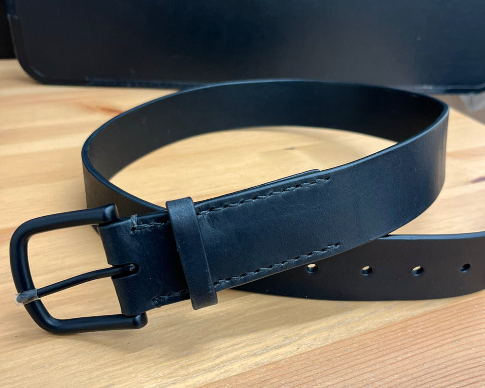 38mm Black Leather Belt with Matte Black Brass Buckle