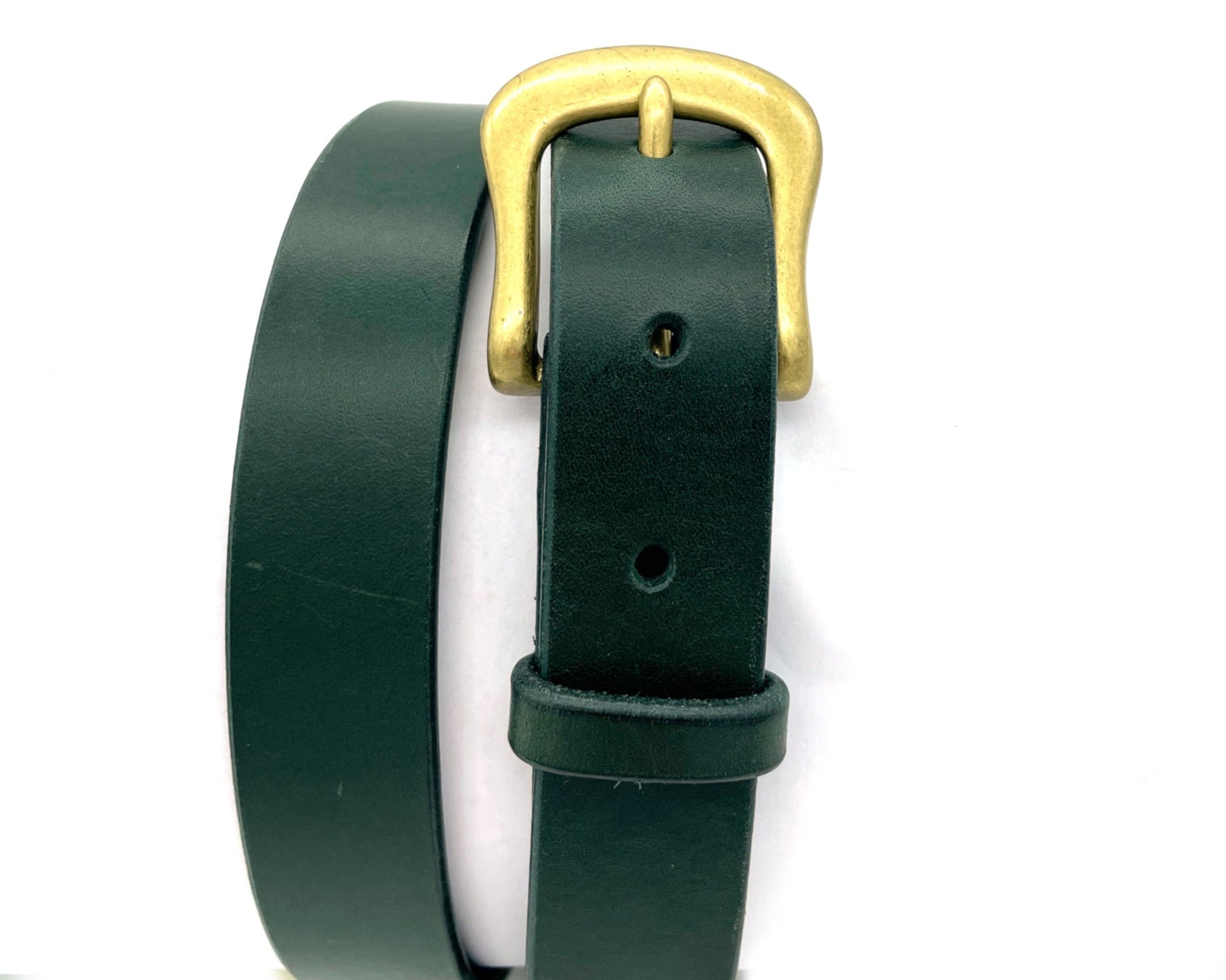 Brass Buckle Forest Green Leather Belt