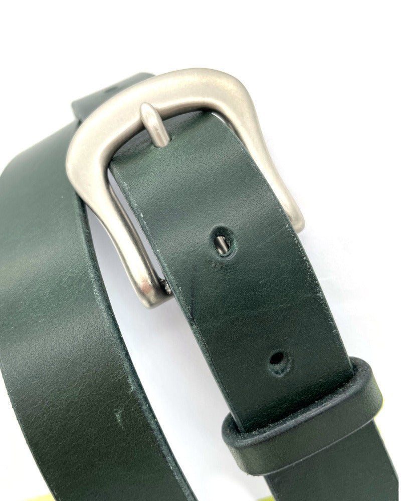 Silver Buckle Forest Green Leather Belt