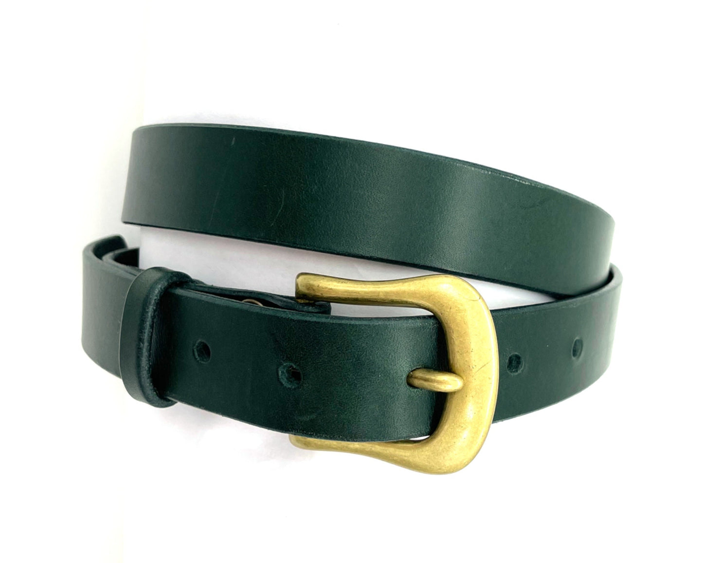 Brass Buckle Forest Green Leather Belt