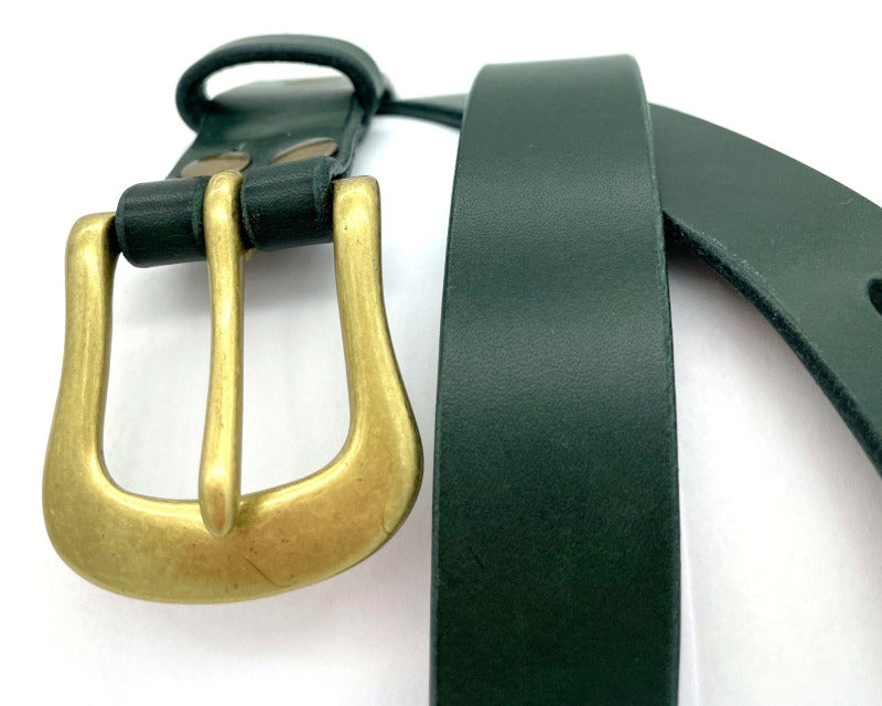 Brass Buckle Forest Green Leather Belt