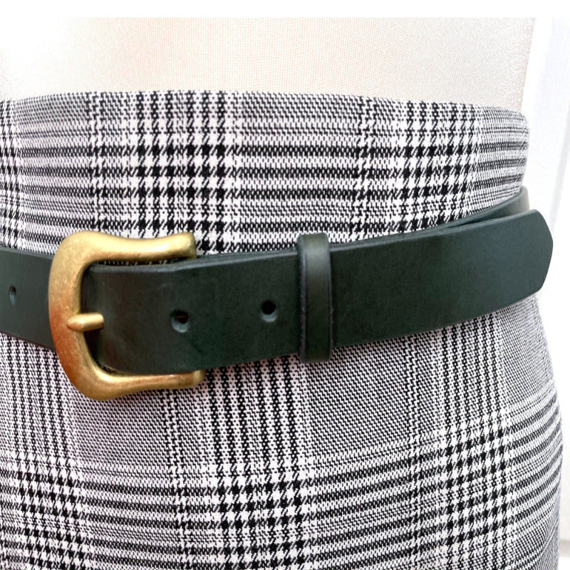 Brass Buckle Forest Green Leather Belt